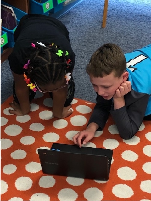 Mrs. Cruz’s first grade class at Bibich enjoyed making decisions about the direction of the stories created by Miss Snow's fourth grade class (with the help of Miss Moore) in the “Choose Your Own Adventure” using Google slides.